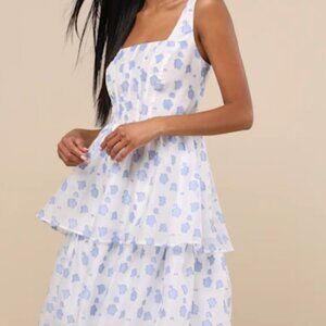 Lulus Sweet Potential Blue and White Floral Burnout Tiered Midi Dress